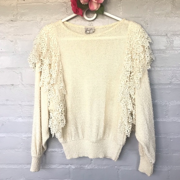 Vintage Sweaters - Vintage 80’s cream batwing sweater with lace sz S